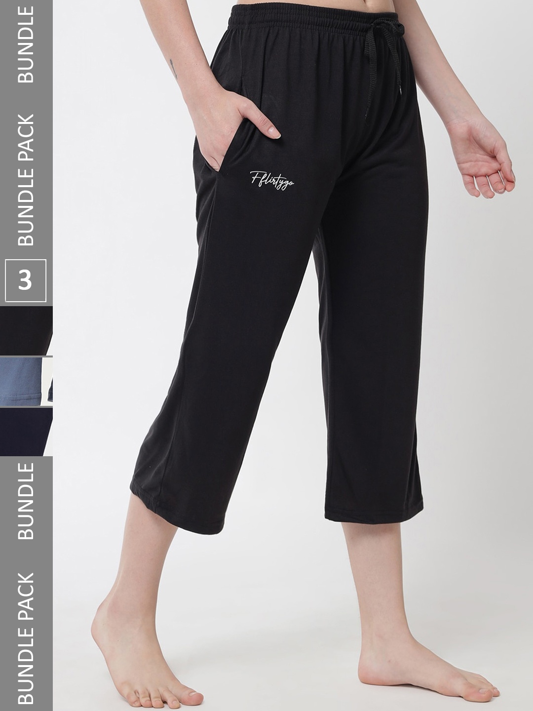 

FFLIRTYGO Women Pack of 3 Cotton Lounge Capris, Black