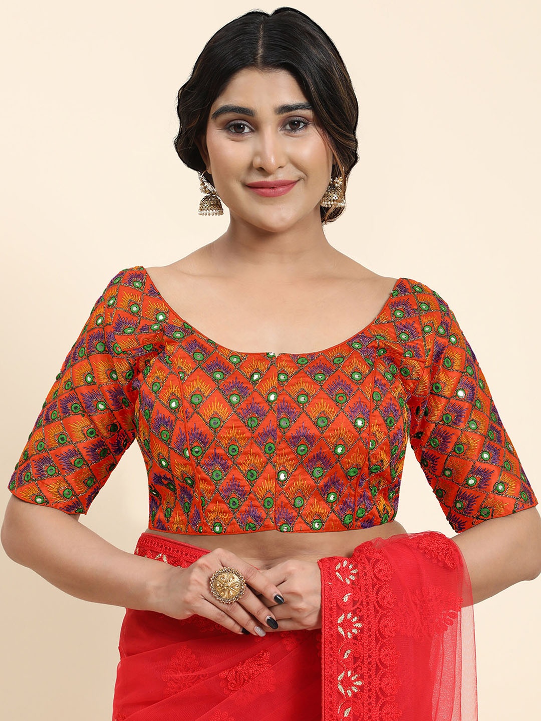 

Kasak Mirror Work Embroidered Saree Blouse, Orange
