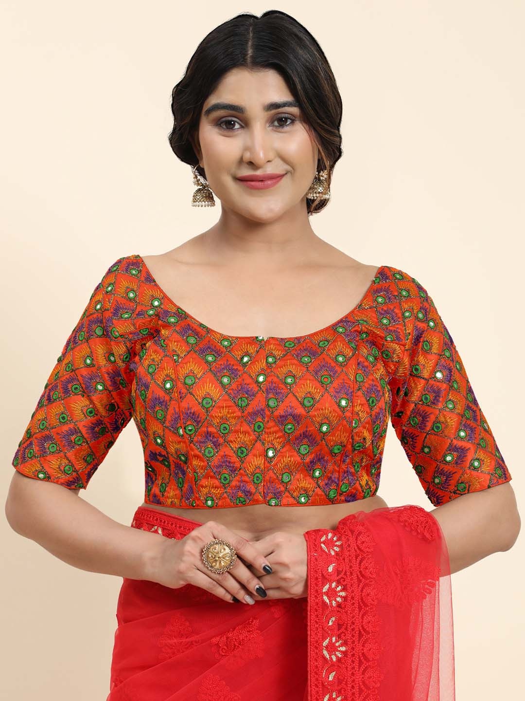 

Kasak Mirror Work Embroidered Silk Saree Blouse, Orange