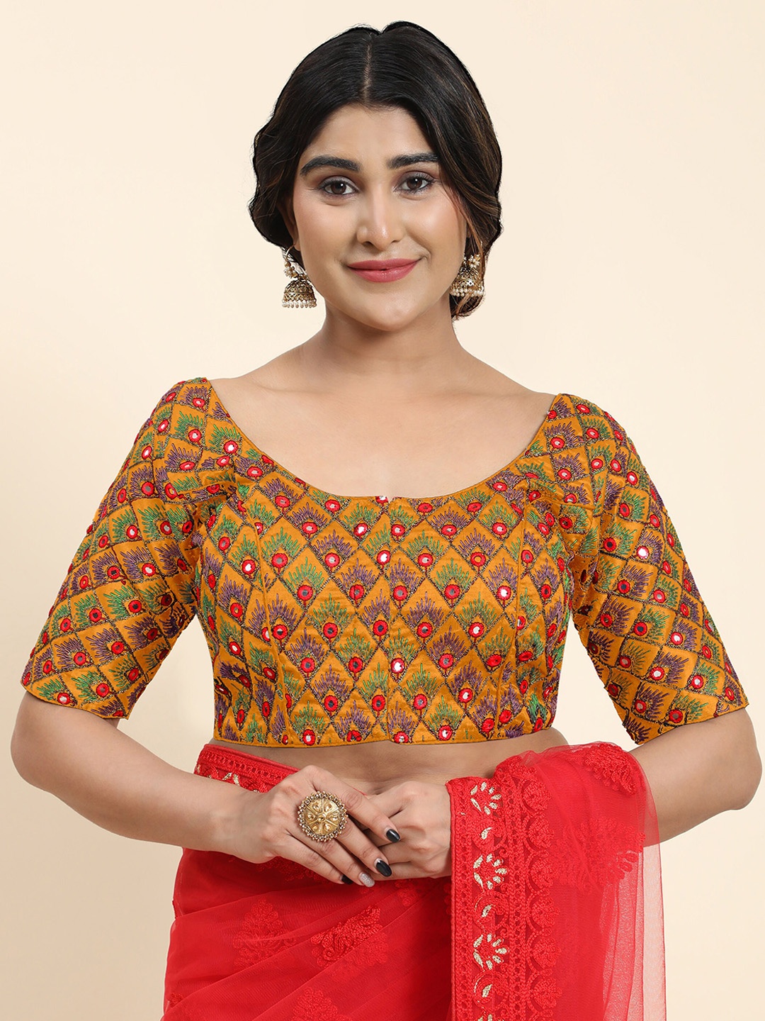 

Kasak Embroidered Mirror Work Silk Saree Blouse, Yellow
