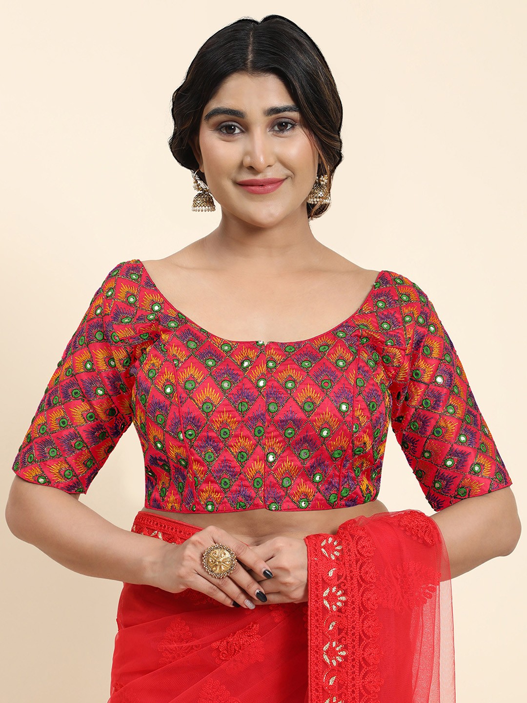 

Kasak Embroidered Mirror Work Silk Saree Blouse, Pink