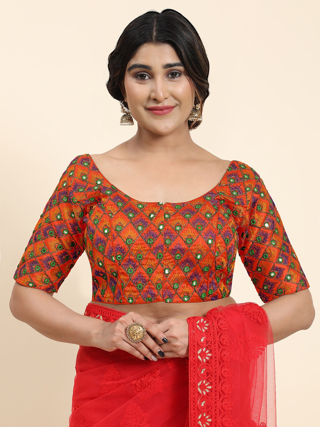 

Kasak Embroidered Mirror Work Silk Saree Blouse, Orange