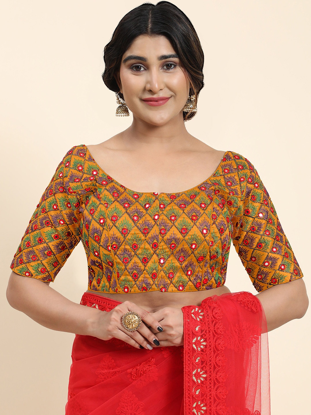 

Kasak Embroidered Mirror Work Silk Saree Blouse, Yellow