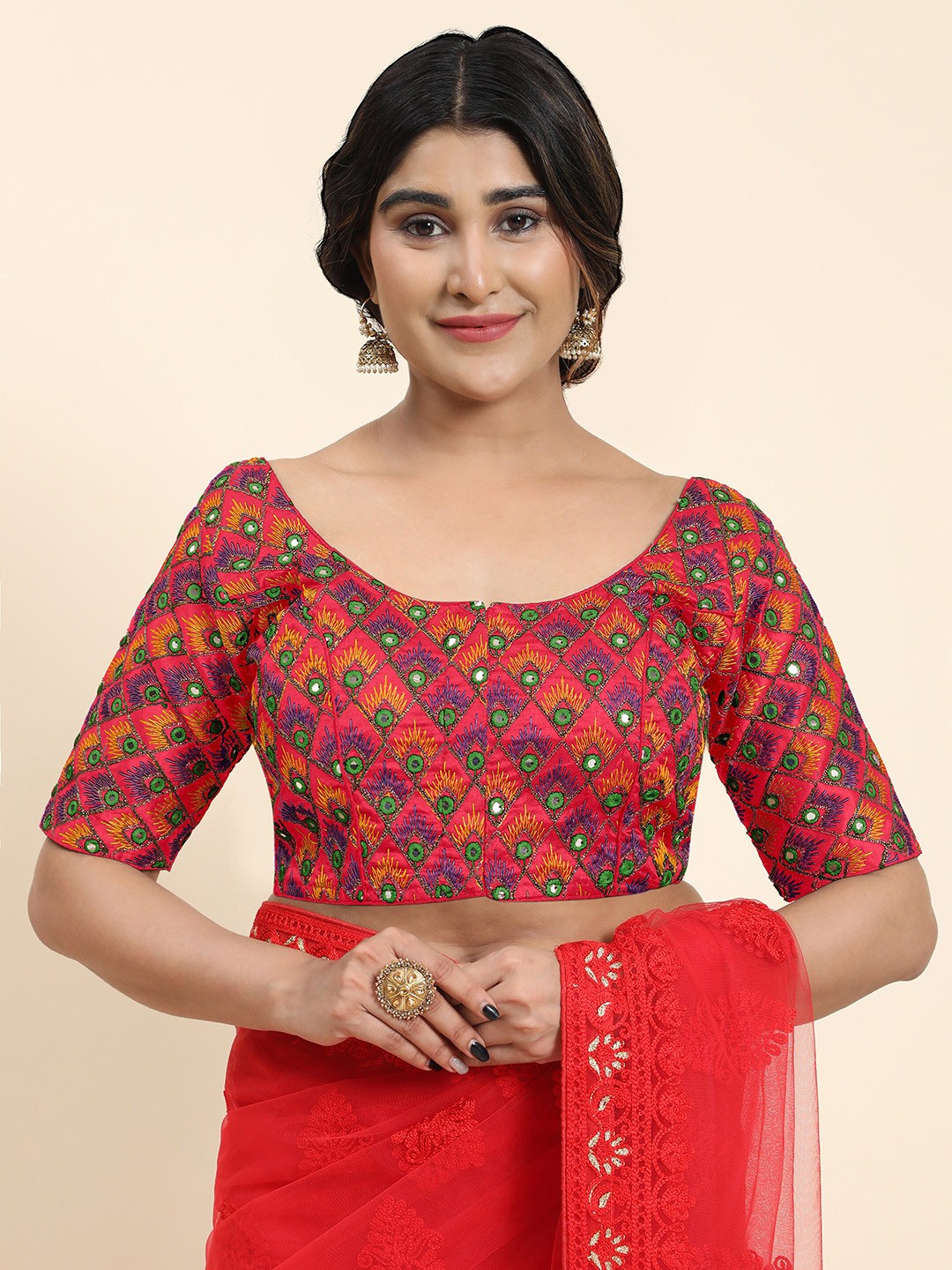 

Kasak Embroidered Mirror Work Silk Saree Blouse, Pink