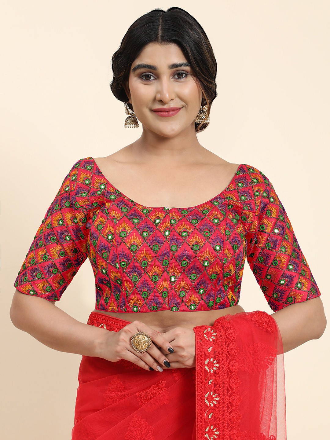 

Kasak Embroidered Mirror Work Silk Saree Blouse, Pink