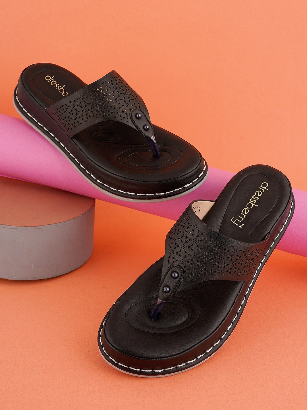 

DressBerry Black Laser Cut Ortho Open Toe Flats
