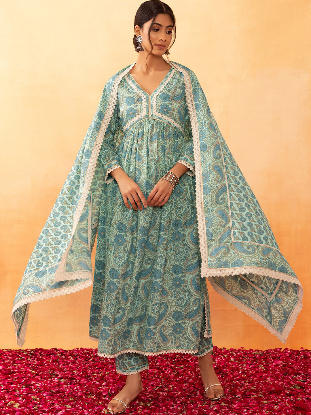 

INDYA Paisley Printed Pure Cotton Anarkali Kurta With Trousers & Dupatta, Green