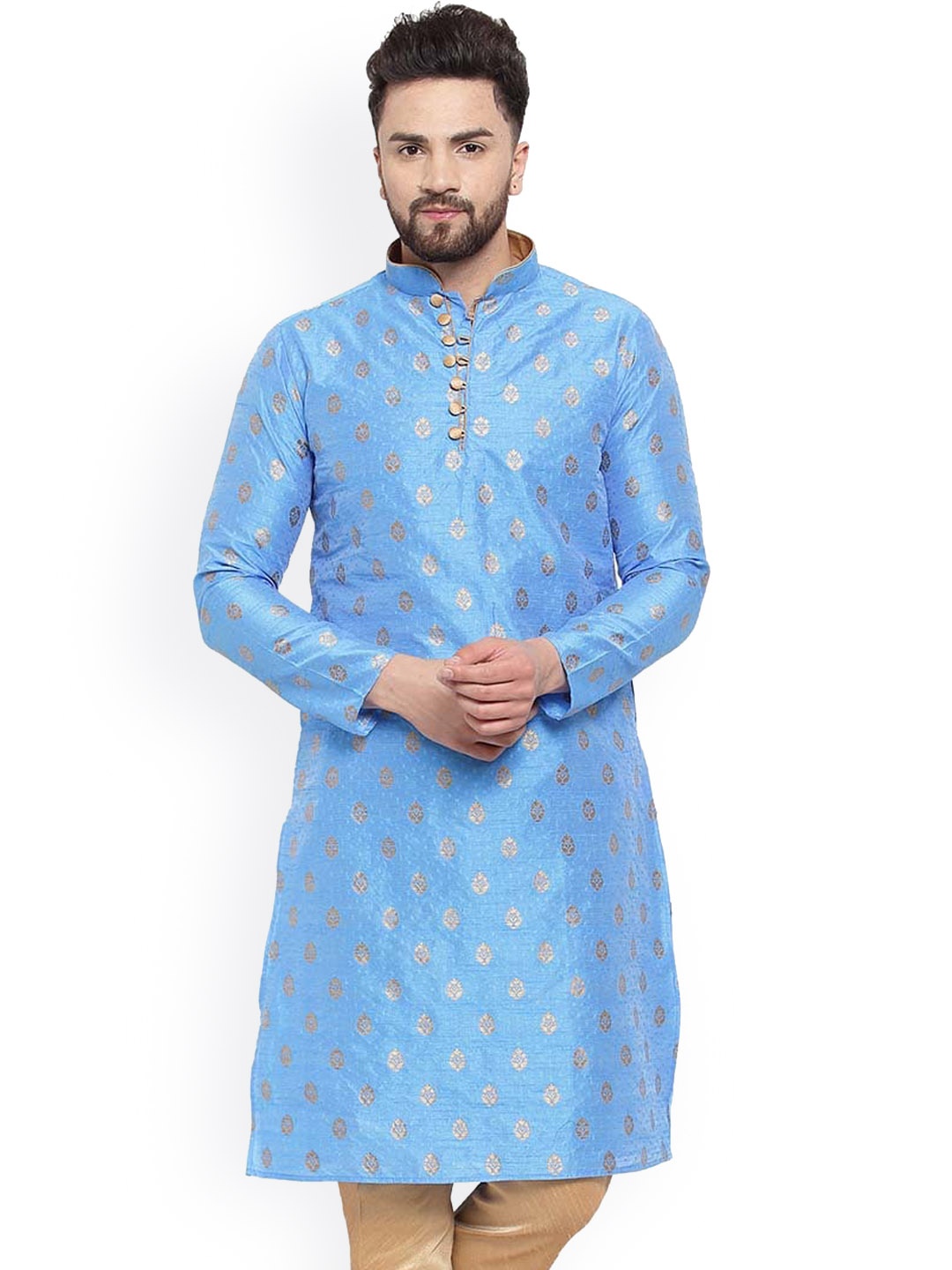 

Larwa Ethnic Motifs Printed Mandarin Collar Jacquard Kurta, Blue