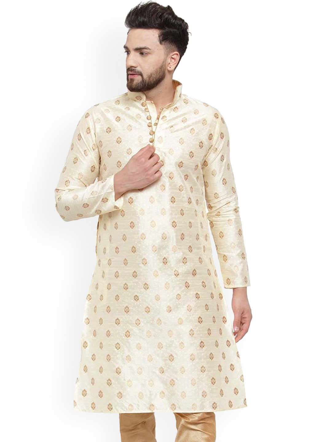 

Larwa Ethnic Motifs Printed Mandarin Collar Jacquard Kurta, Beige