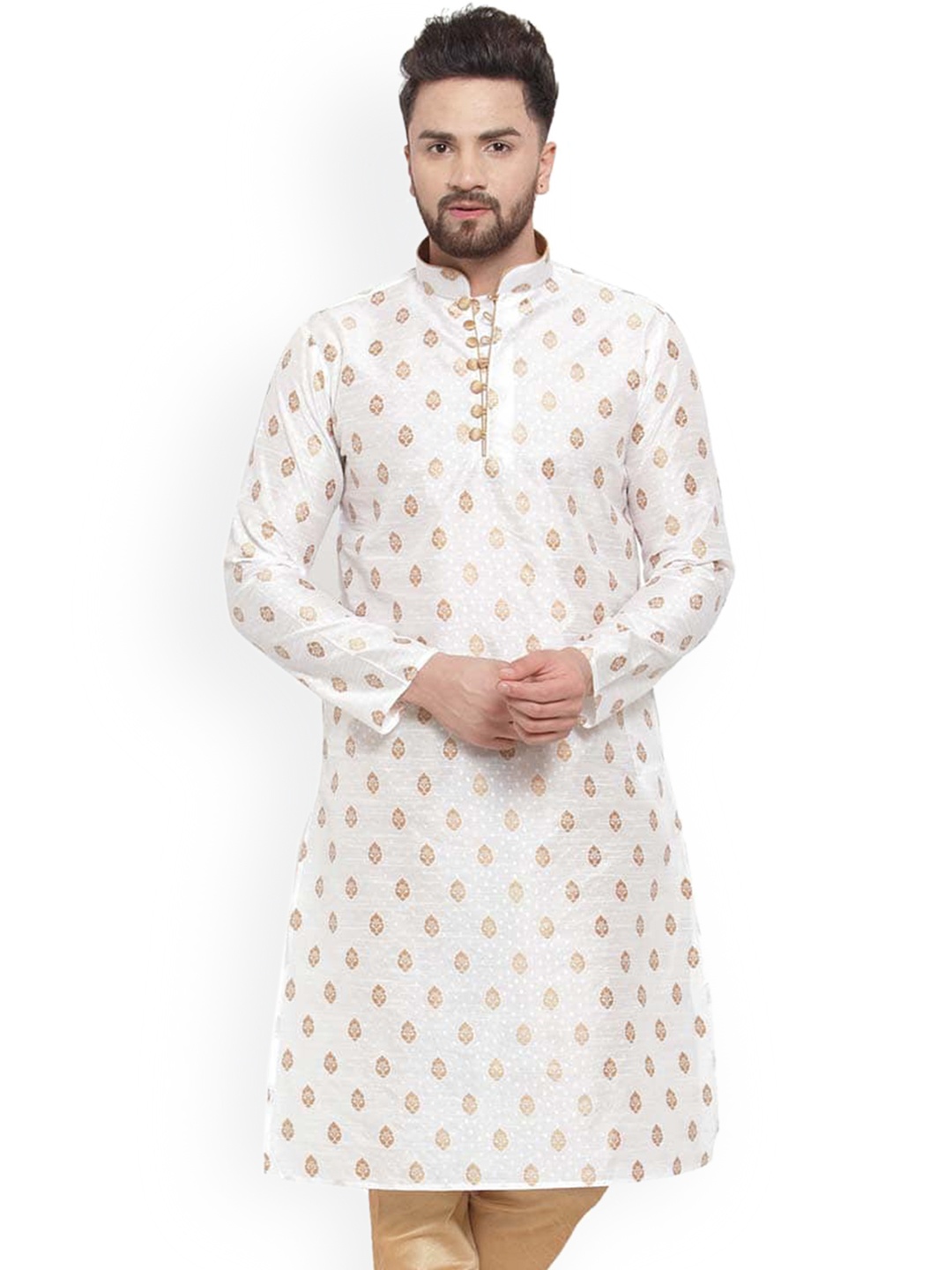 

Larwa Ethnic Motifs Printed Mandarin Collar Jacquard Kurta, White