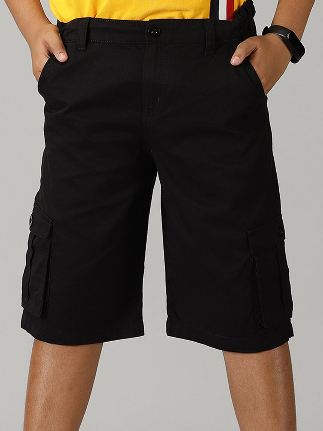 

KiddoPanti Boys Mid Rise Twill Pure Cotton Cargo Shorts, Black