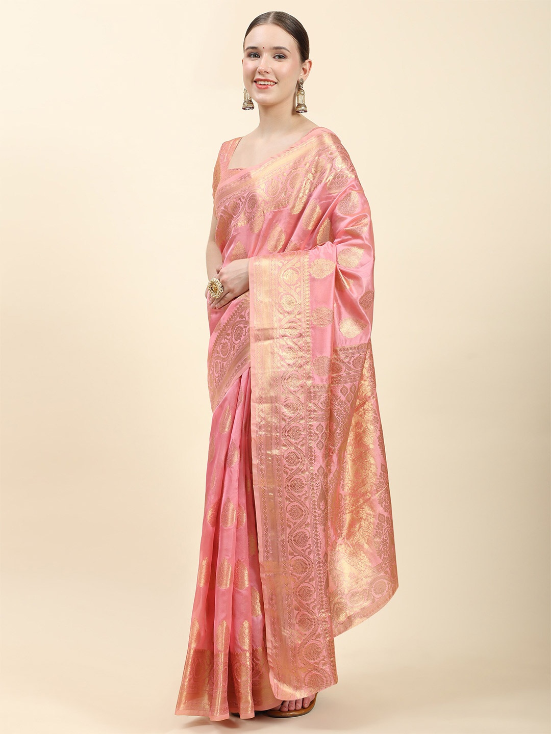 

PHEASANT Ethnic Motifs Woven Design Zari Saree, Pink
