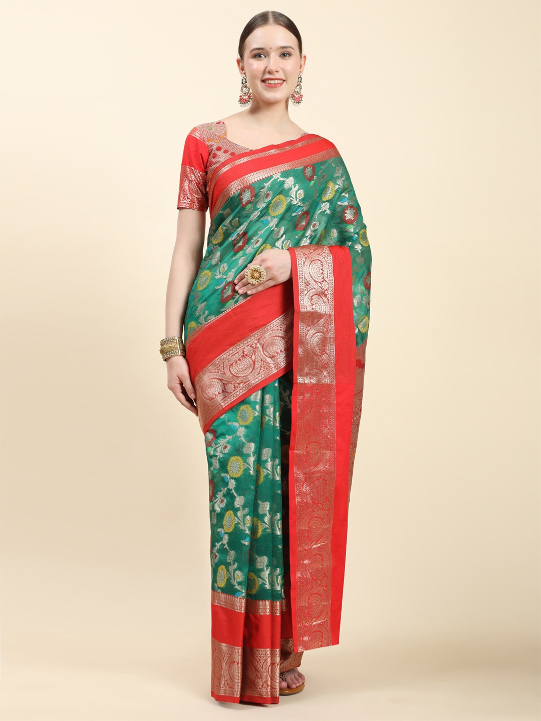 

PHEASANT Ethnic Motifs Woven Design Zari Saree, Green