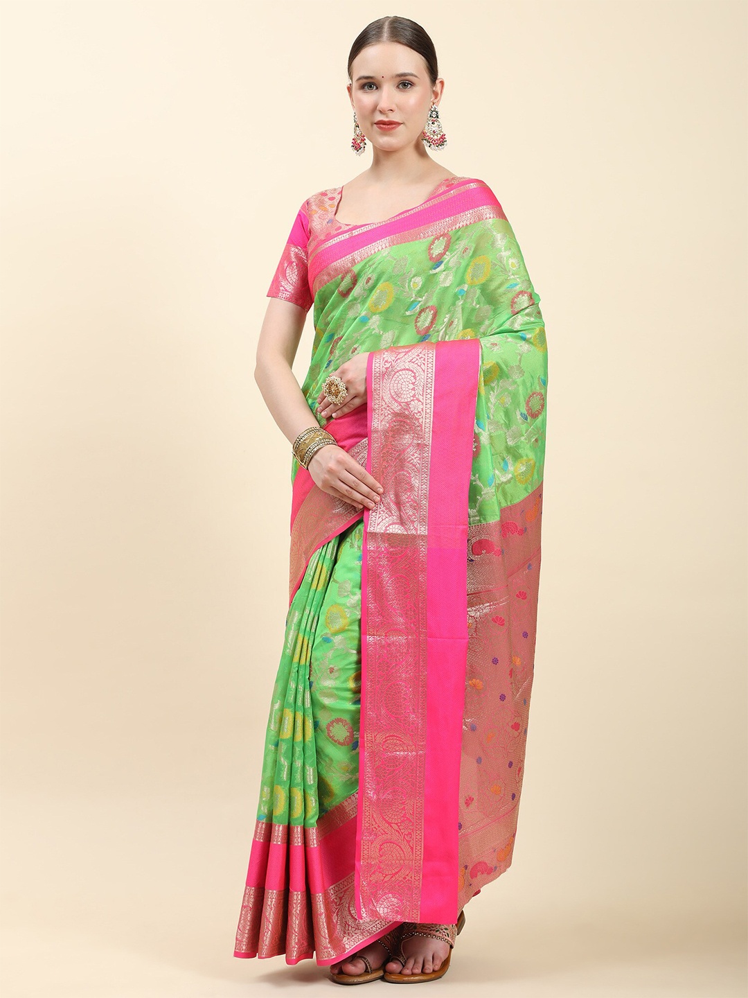 

PHEASANT Ethnic Motifs Woven Design Zari Saree, Green