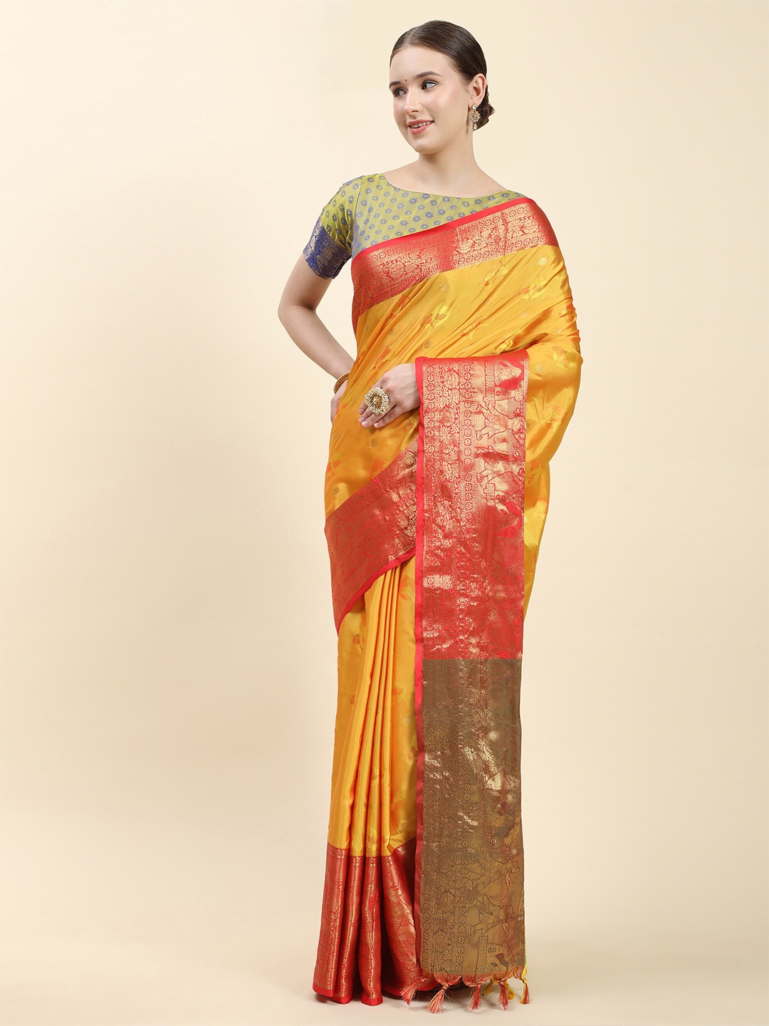 

PHEASANT Ethnic Motifs Woven Design Zari Saree, Yellow