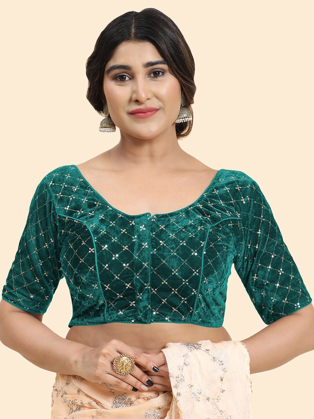 

Kasak Embellished Padded Velvet Saree Blouse, Green