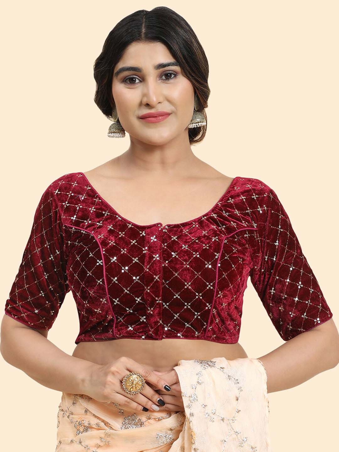 

Kasak Embellished Padded Velvet Saree Blouse, Maroon