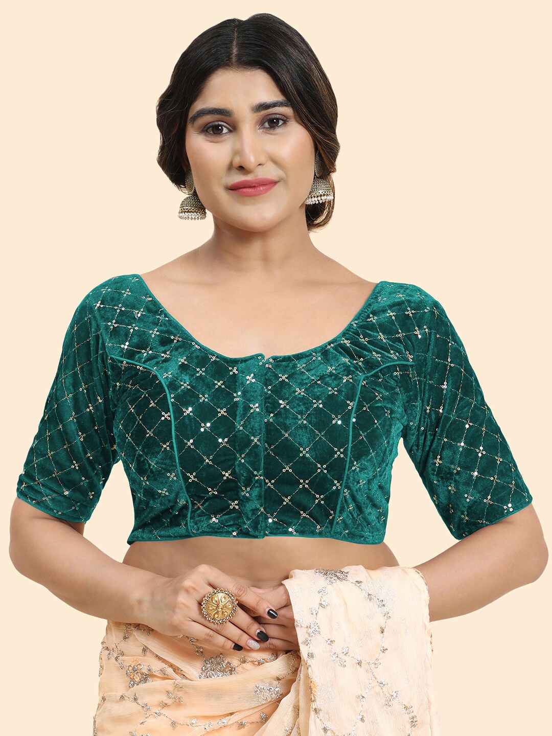 

Kasak Embellished Padded Velvet Saree Blouse, Green