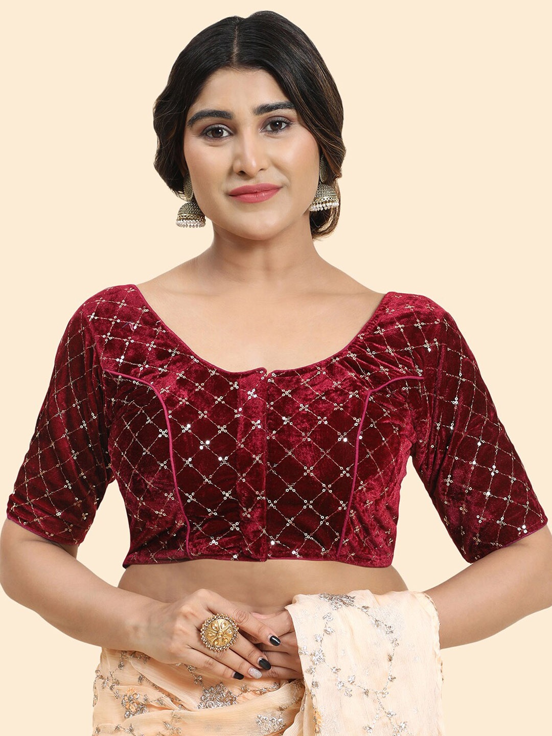 

Kasak Embellished Padded Velvet Saree Blouse, Maroon