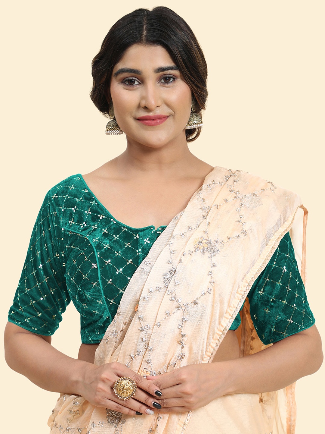 

Kasak Embellished Velvet Saree Blouse, Green