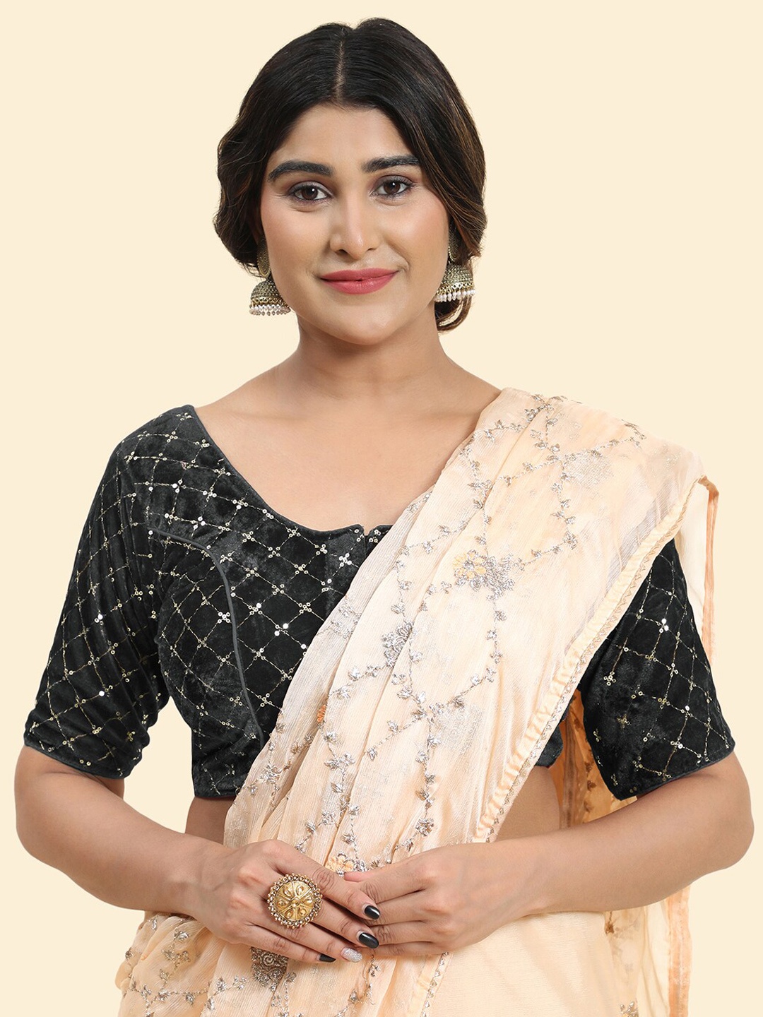 

Kasak Embellished Velvet Saree Blouse, Black