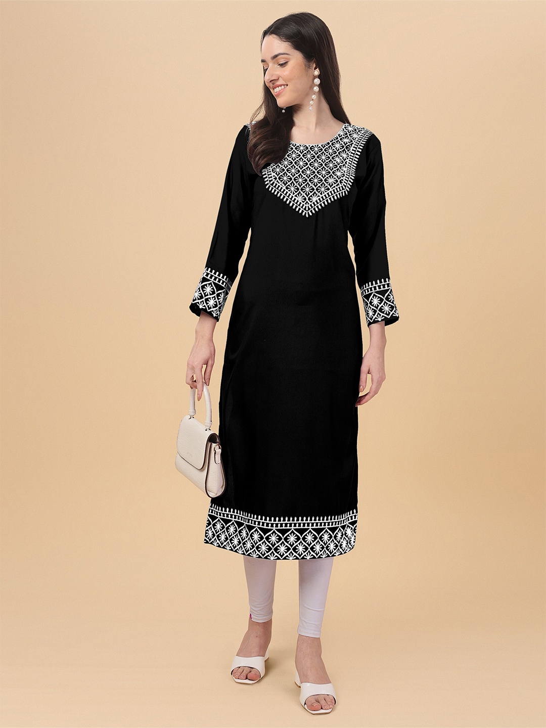 

Femvy Floral Embroidered Straight Kurta, Black