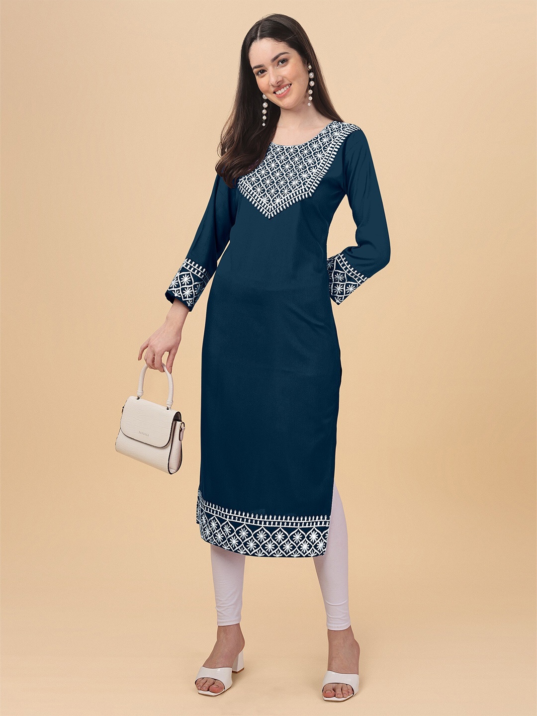 

Femvy Ethnic Motifs Embroidered Thread Work A-Line Kurta, Blue