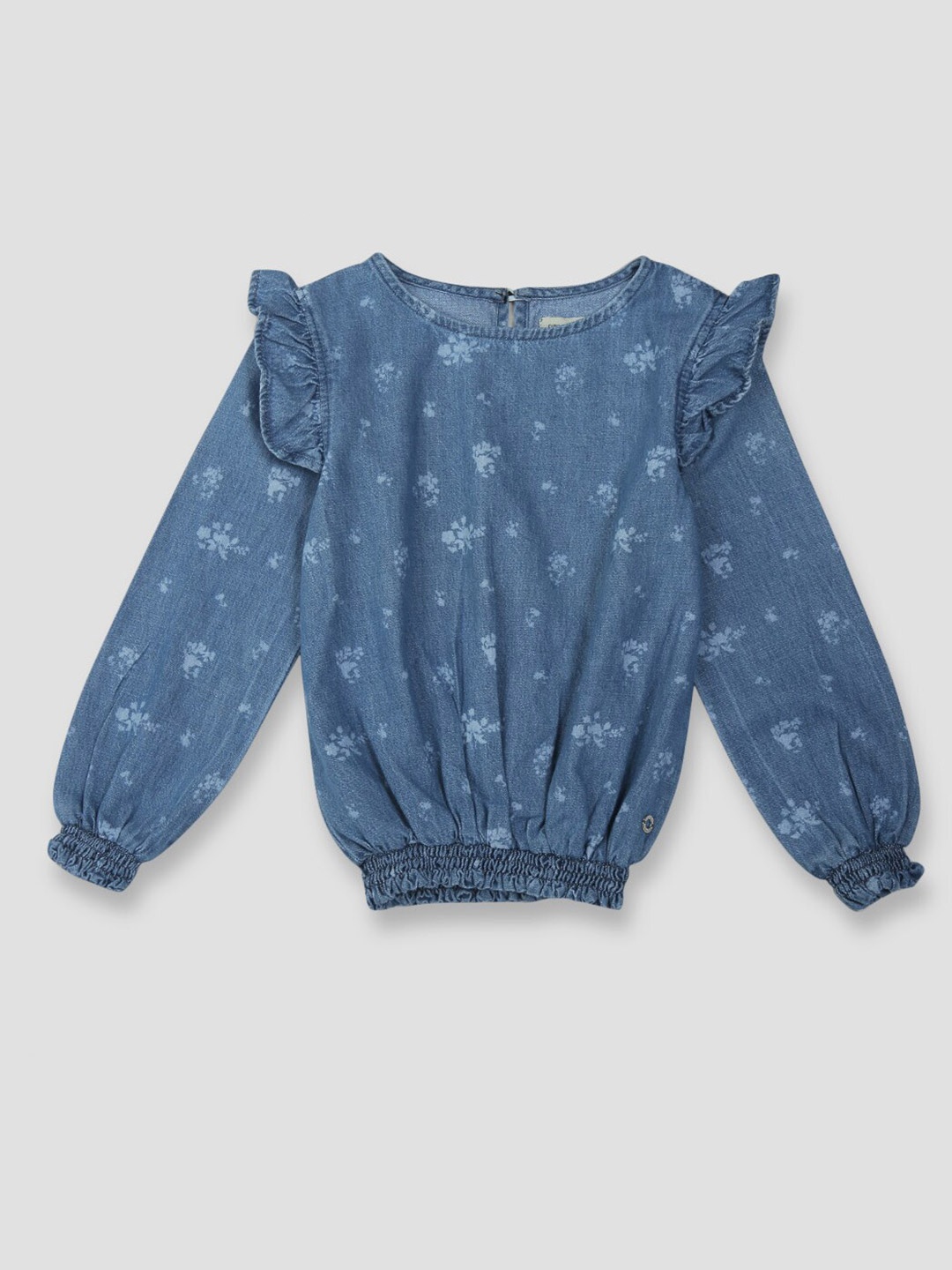 

Gini and Jony Girls Printed Puff Sleeve Denim Blouson Top, Blue