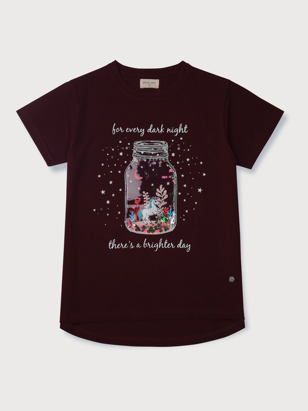 

Gini and Jony Girls Graphic Printed Cotton T-Shirt, Maroon