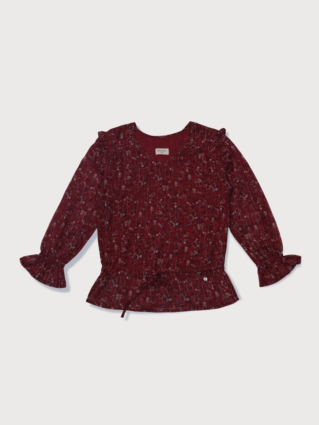 

Gini and Jony Infant Girls Floral Printed Puff Sleeves Top, Maroon