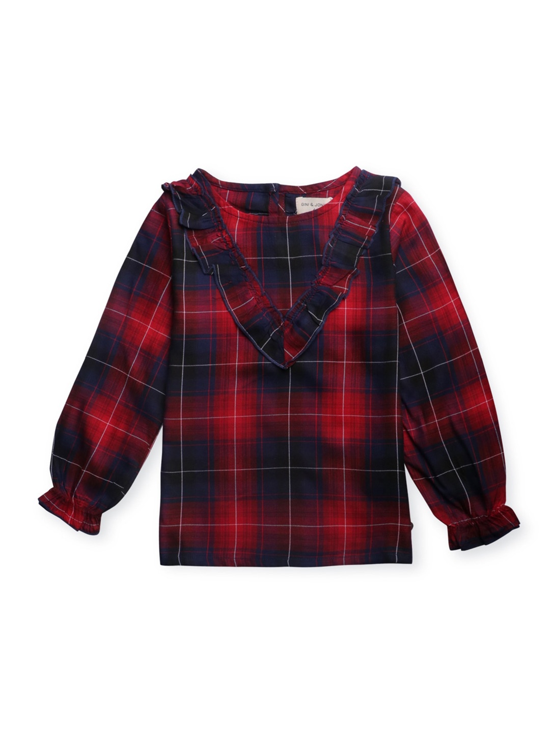 

Gini and Jony Girls Checked Cotton Puff Sleeves Top, Red