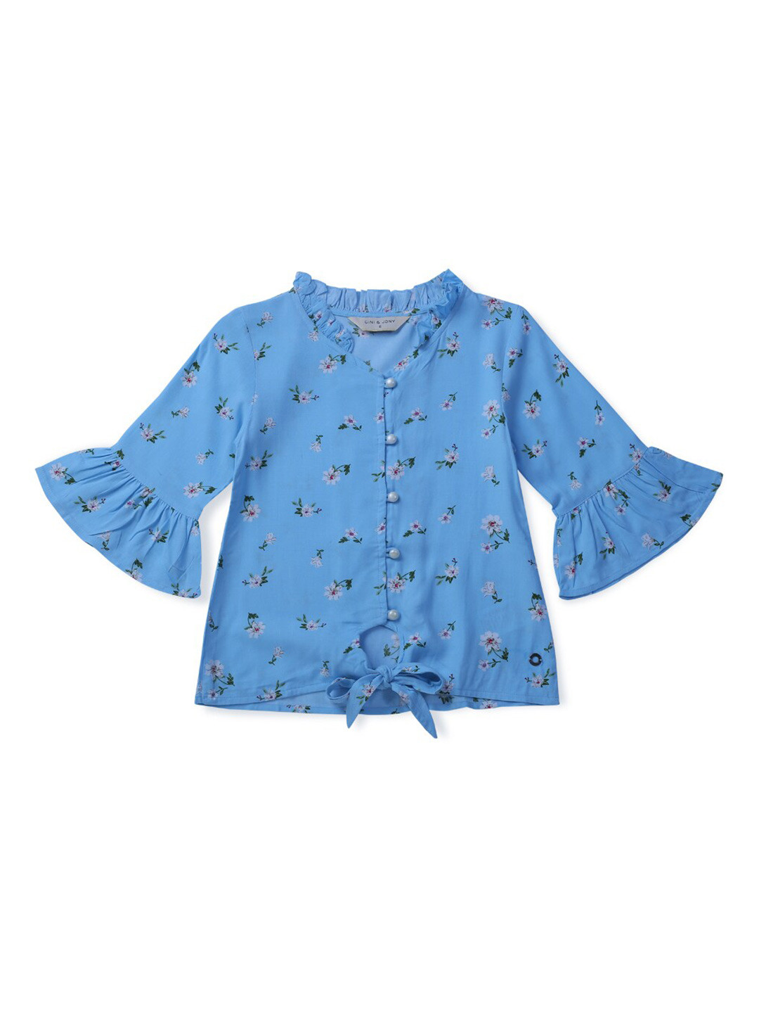 

Gini and Jony Girls Printed Bell Sleeve Cotton Top, Blue