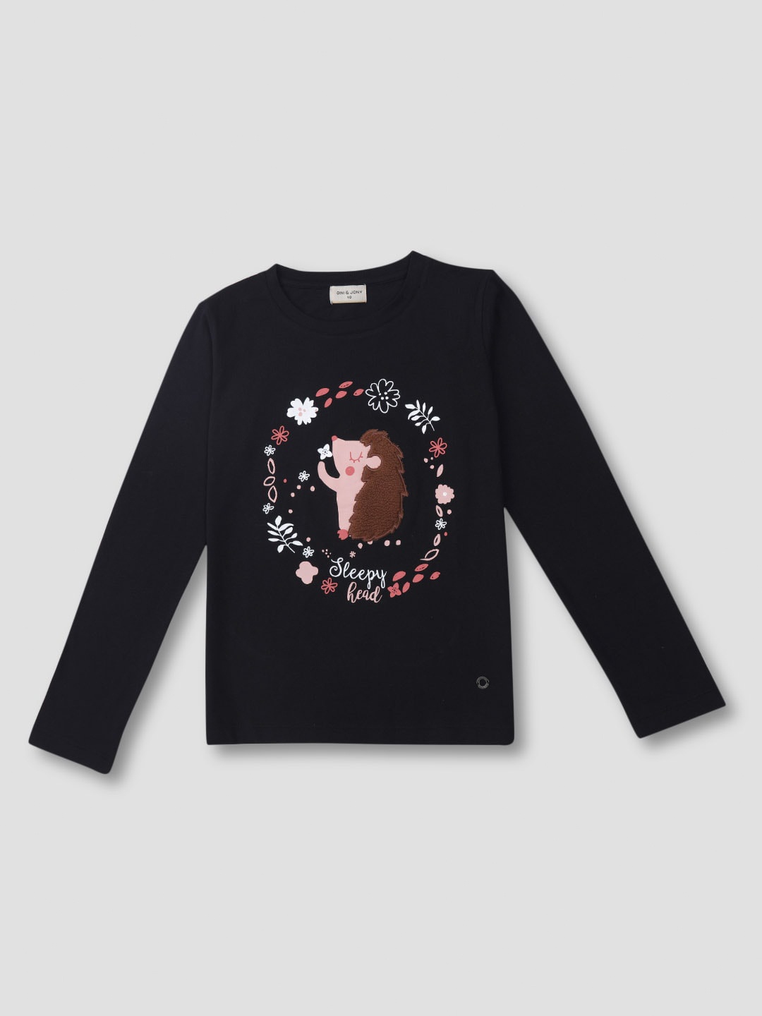 

Gini and Jony Girls Floral Printed Long Sleeves Applique Cotton T-Shirt, Black