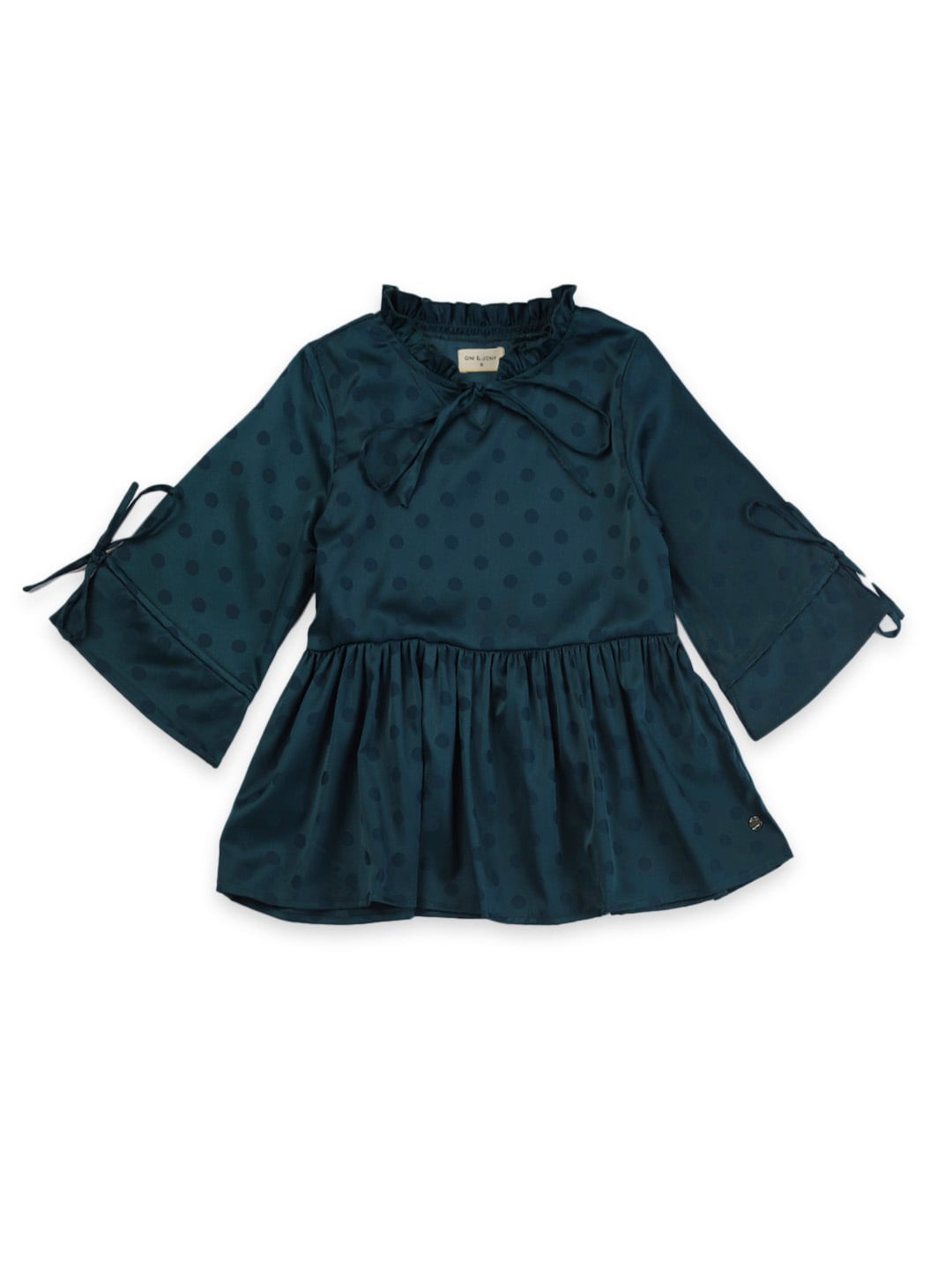 

Gini and Jony Tie Up Neck Polka Dots Printed Pure Silk Peplum Top, Teal