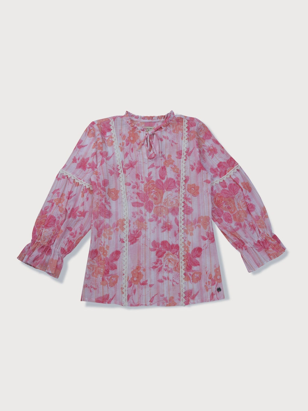 

Gini and Jony Girls Floral Printed Lace Inserted Puff Sleeves Top, Pink