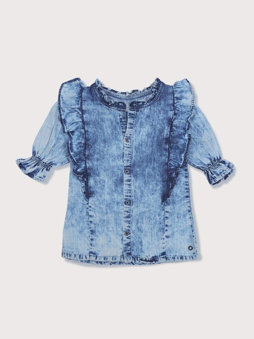 

Gini and Jony Infant Girls Denim Puff Sleeves Ruffles Top, Blue