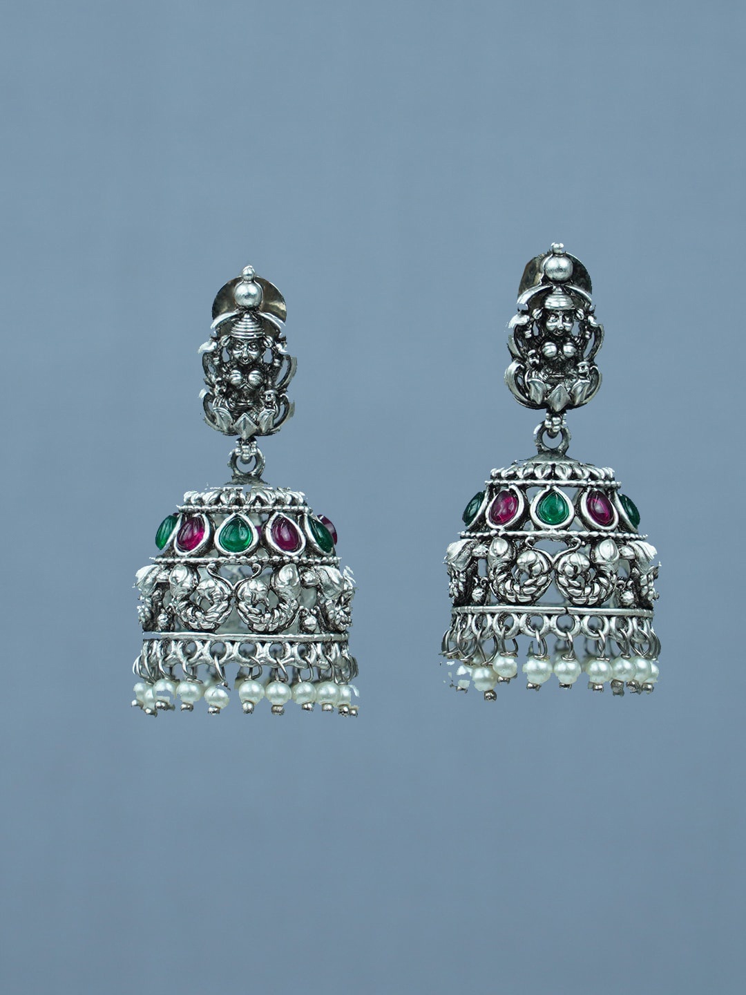 

Diksha collection Silver-Plated Stone Studded And Beaded Jhumkas