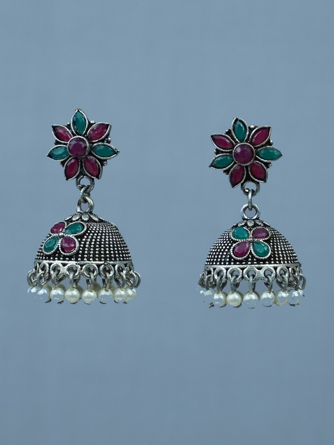 

Diksha collection Silver-Plated Stone Studded And Beaded Jhumkas