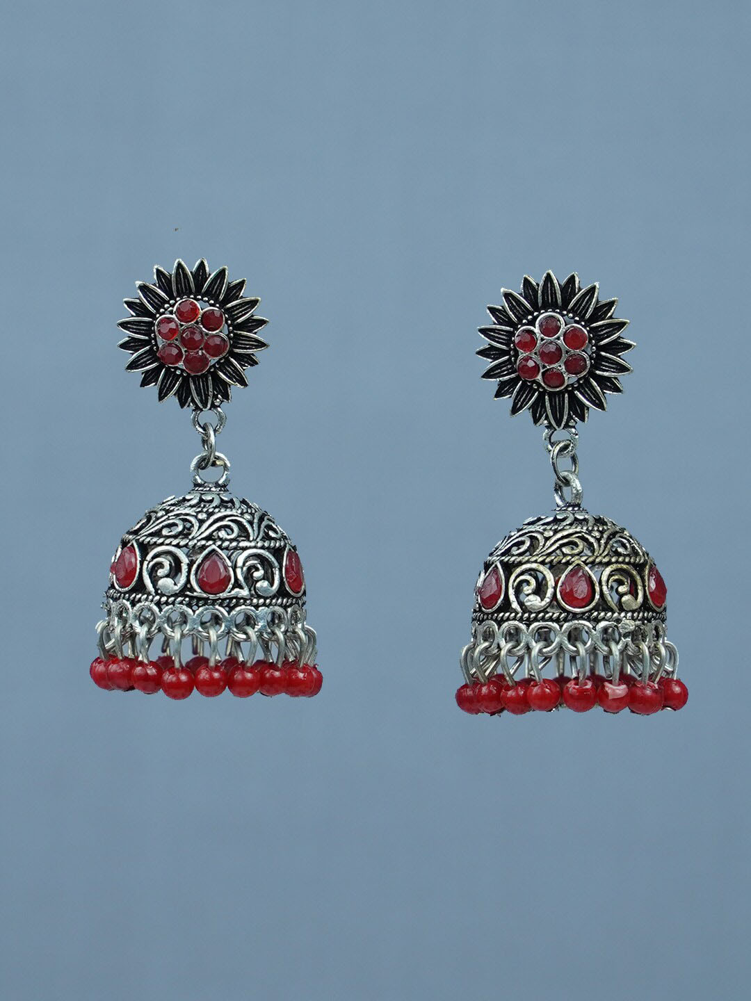 

Diksha collection Silver-Plated Stone Studded And Beaded Jhumkas