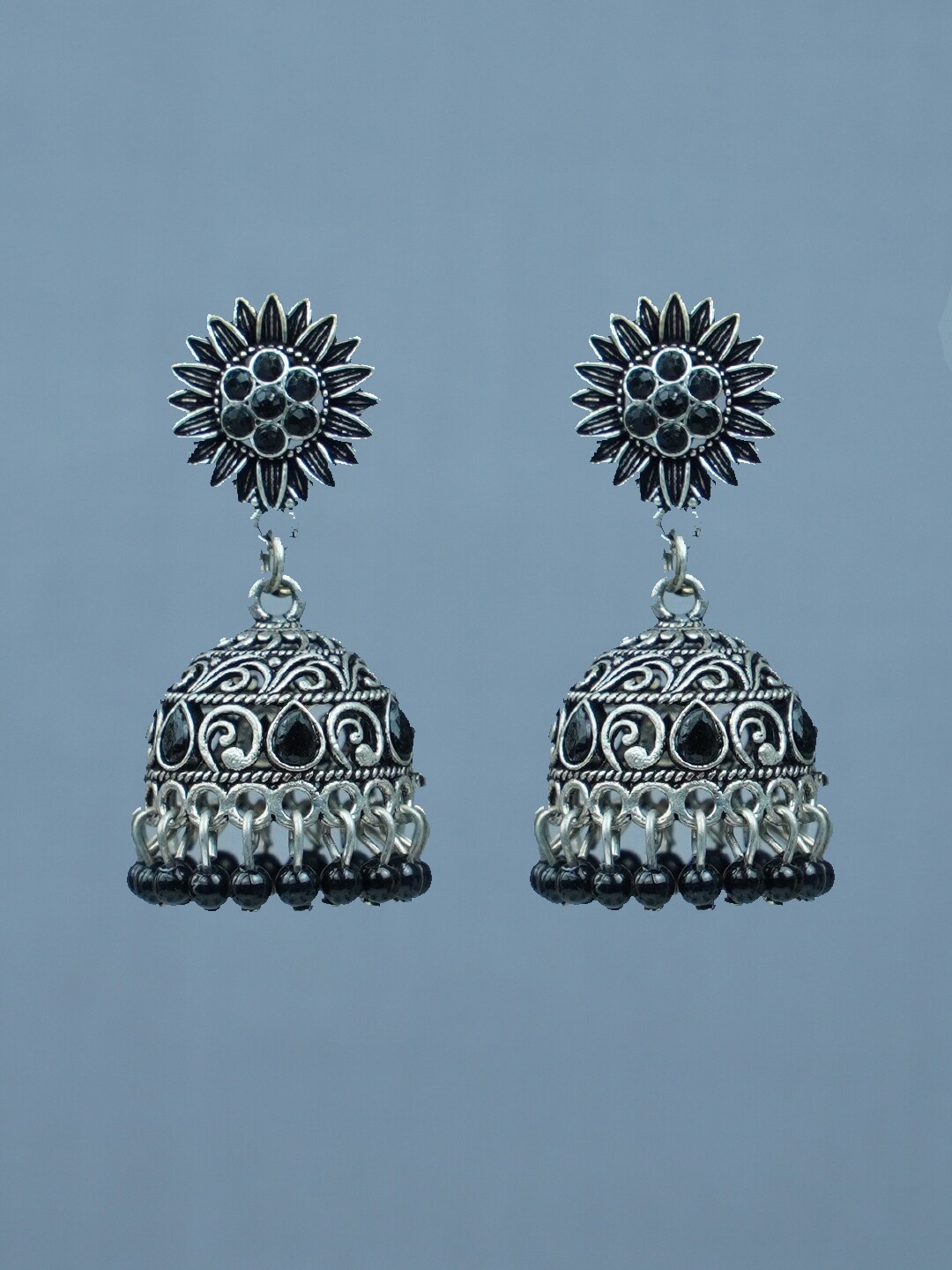 

Diksha collection Silver-Plated Stone Studded And Beaded Jhumkas