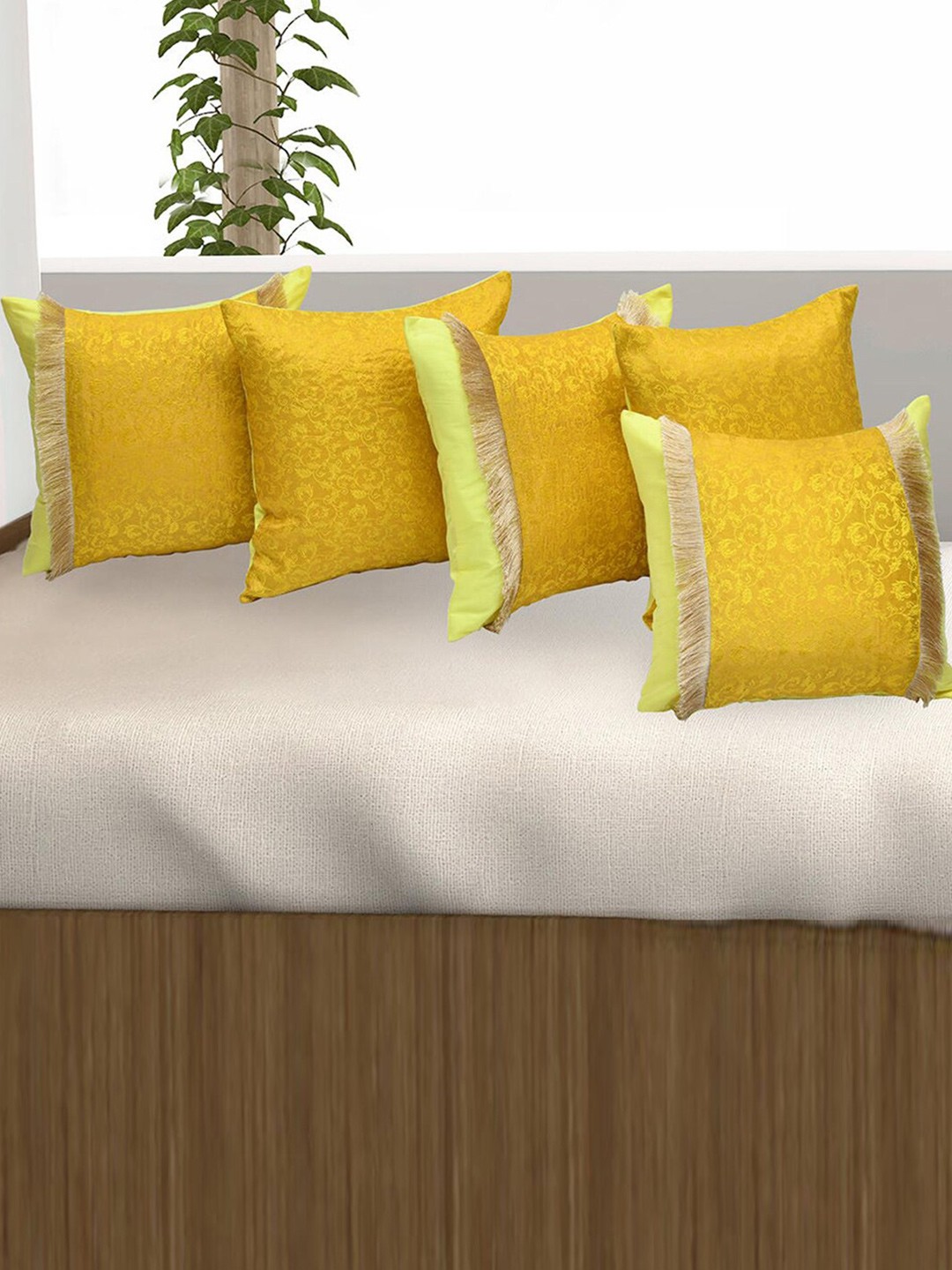 

Athome by Nilkamal Beverlly Yellow & Green 5-Pieces Ethnic Motifs Square Cushion Covers