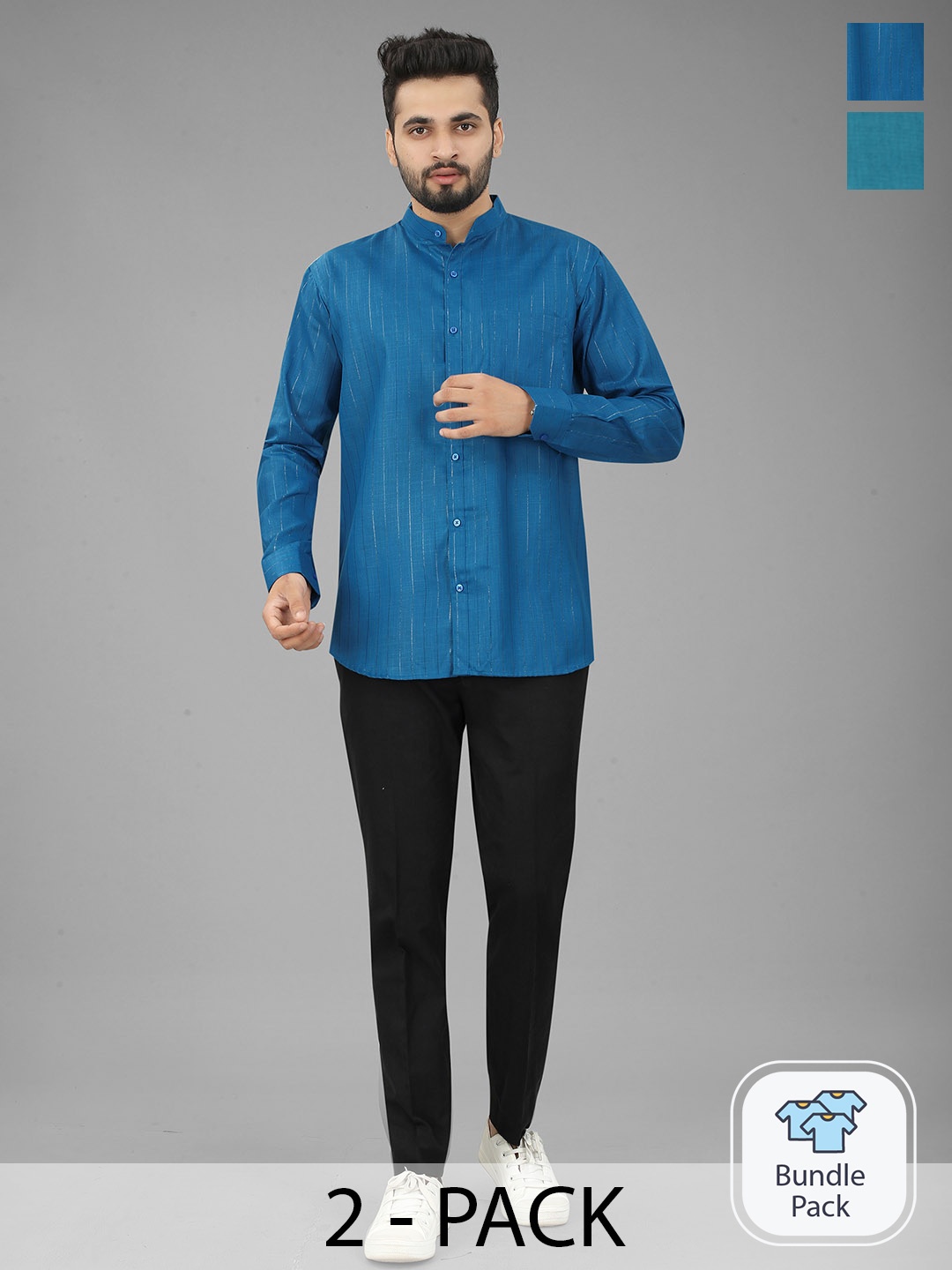 

N N ENTERPRISE Pack Of 2 India Slim Fit Band Collar Casual Shirt, Turquoise blue