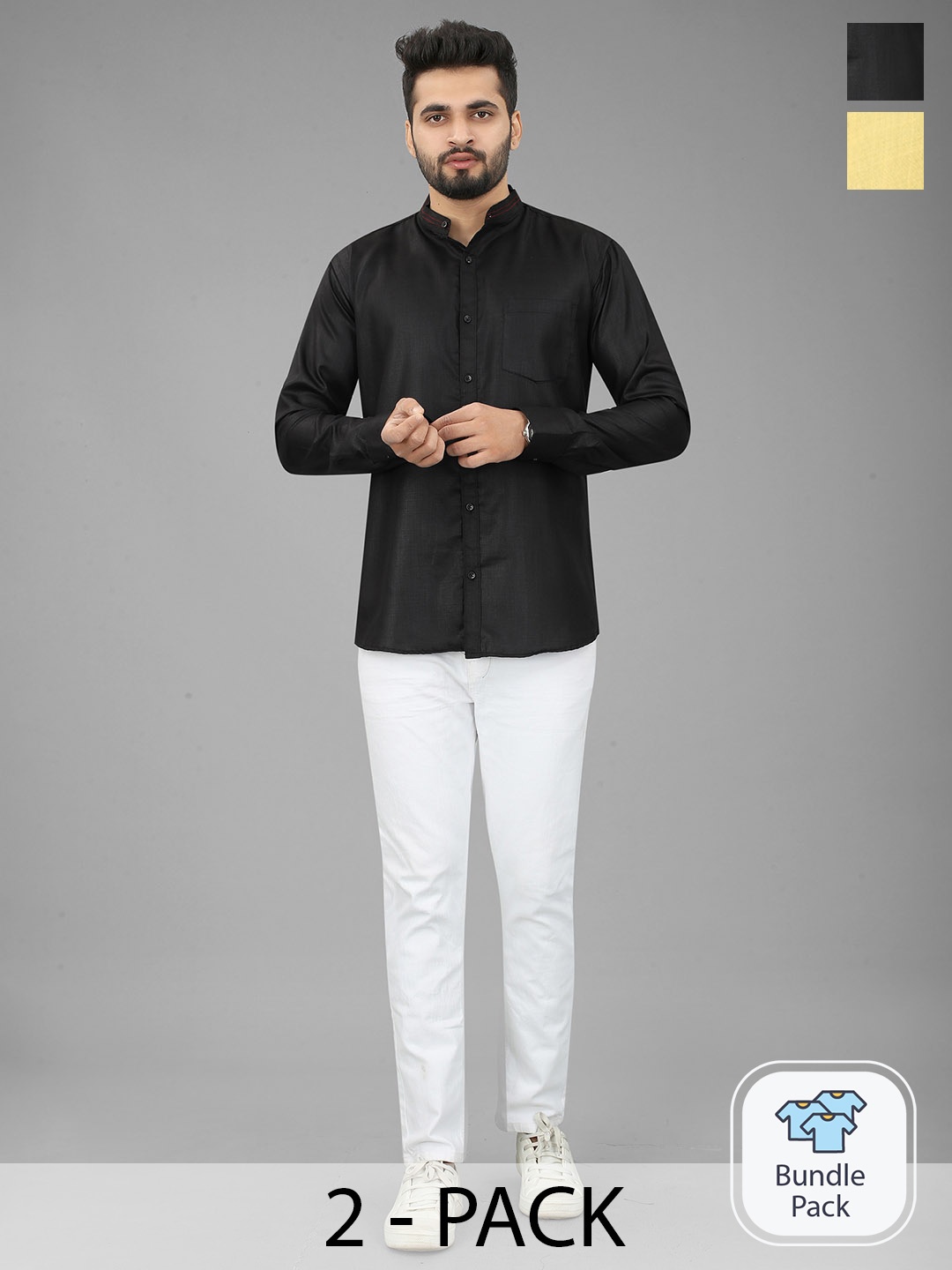 

N N ENTERPRISE Pack Of 2 India Slim Fit Band Collar Casual Shirt, Yellow