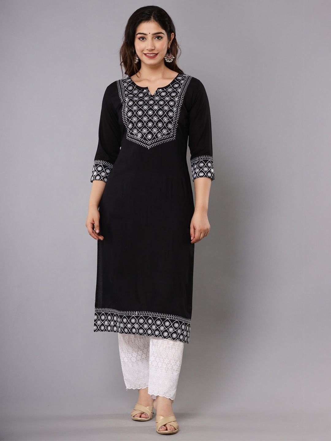 

Femvy Women Ethnic Motifs Embroidered Kurta, Black