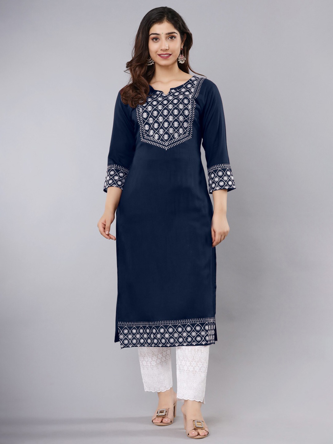 

Femvy Floral Embroidered Thread Work Kurta, Navy blue