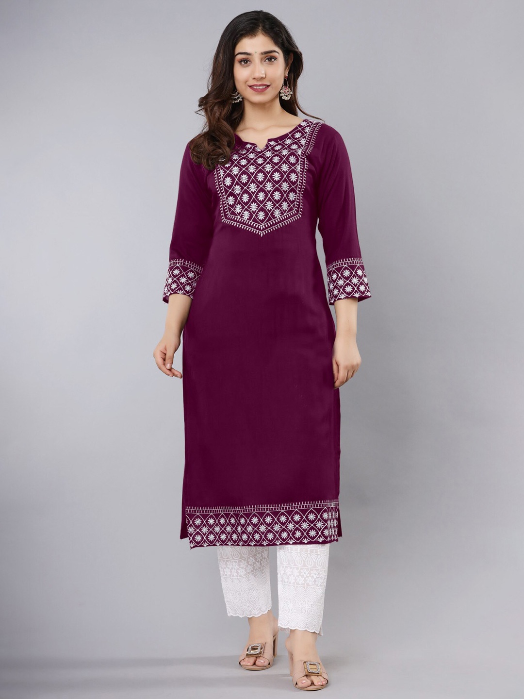 

Femvy Yoke Design Floral Embroidered Kurta, Burgundy