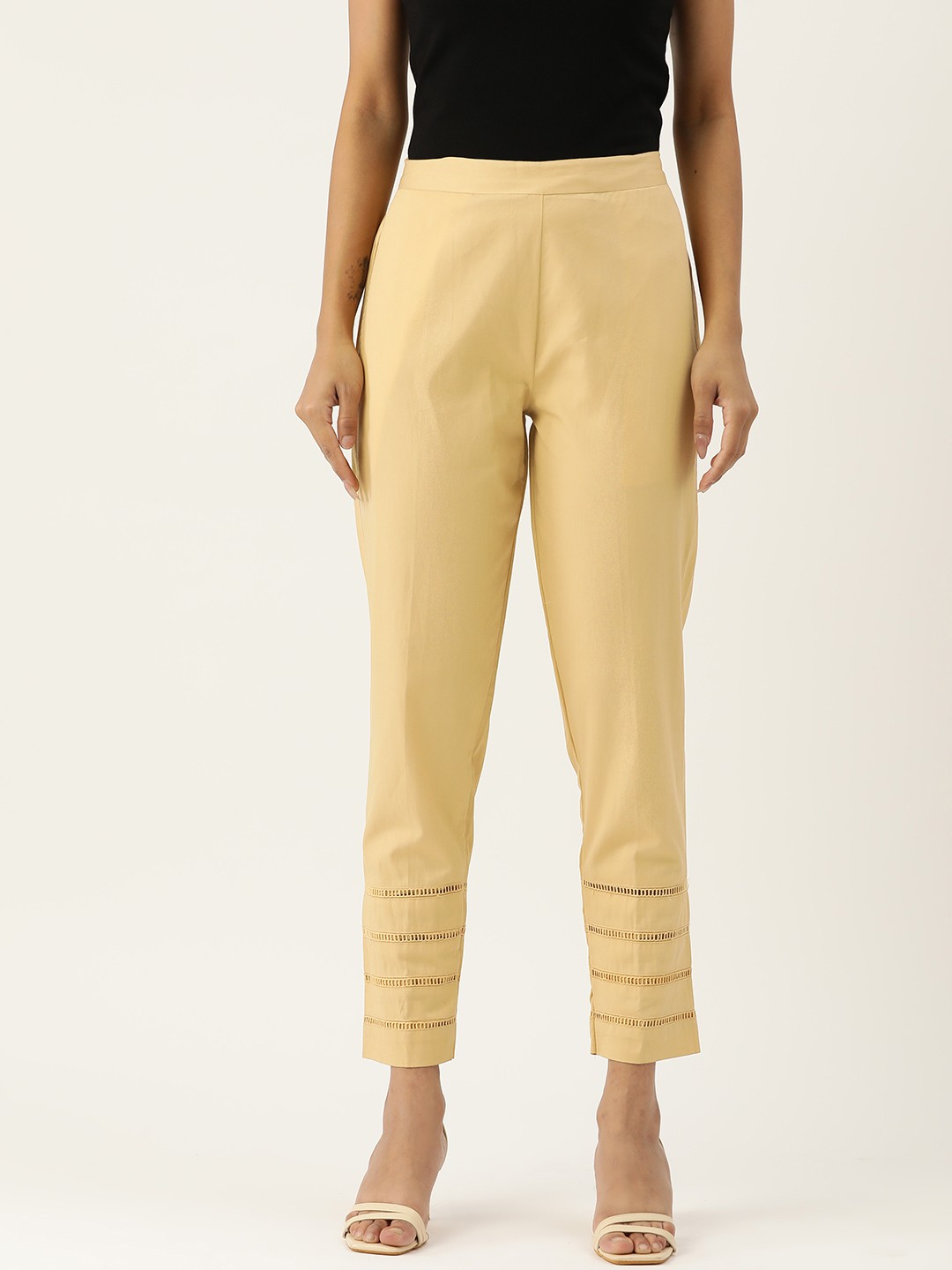 

SAKIA Women Cotton Smart Slim Fit Easy Wash Trousers, Gold