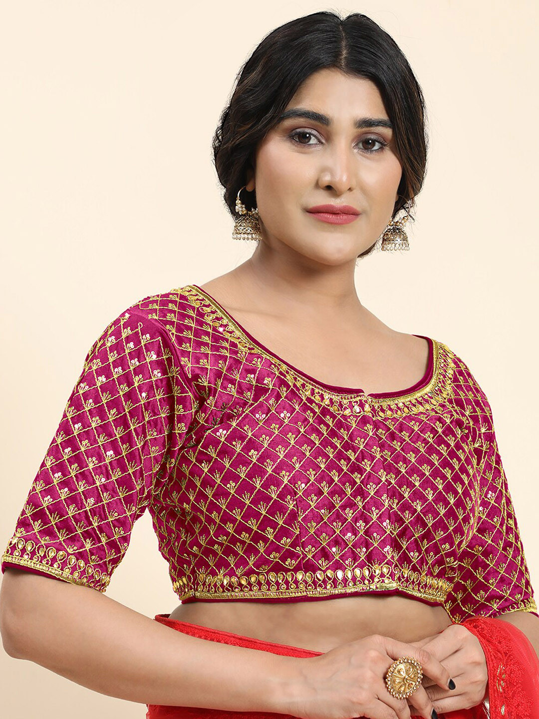 

Kasak Embroidered Silk Saree Blouse, Pink