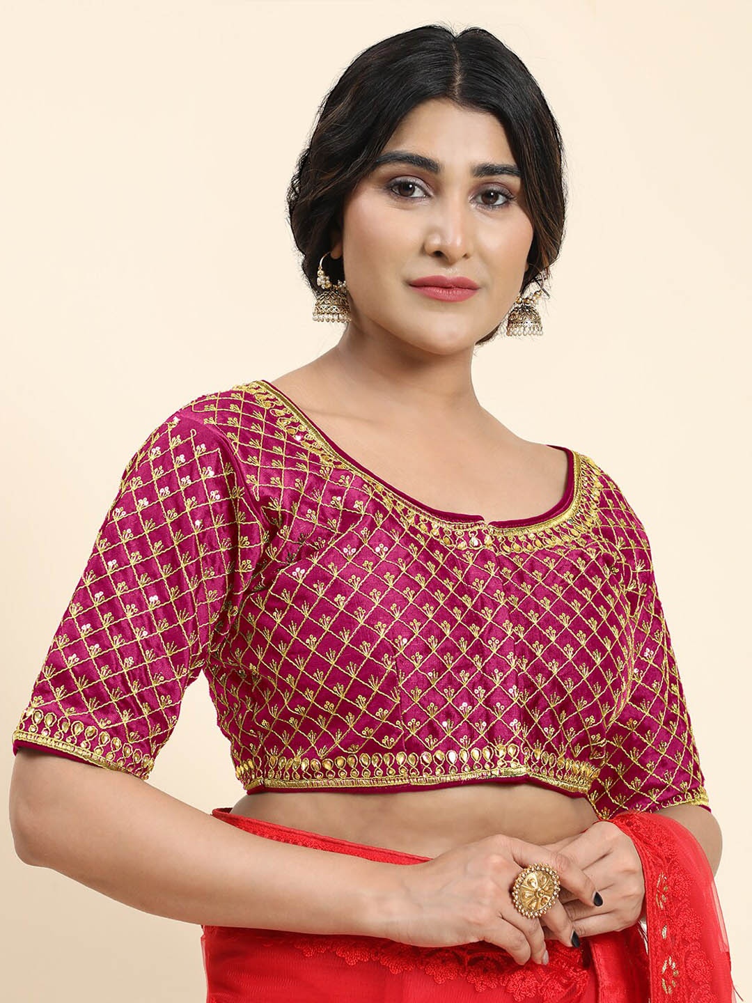 

Kasak Embroidered Silk Saree Blouse, Pink