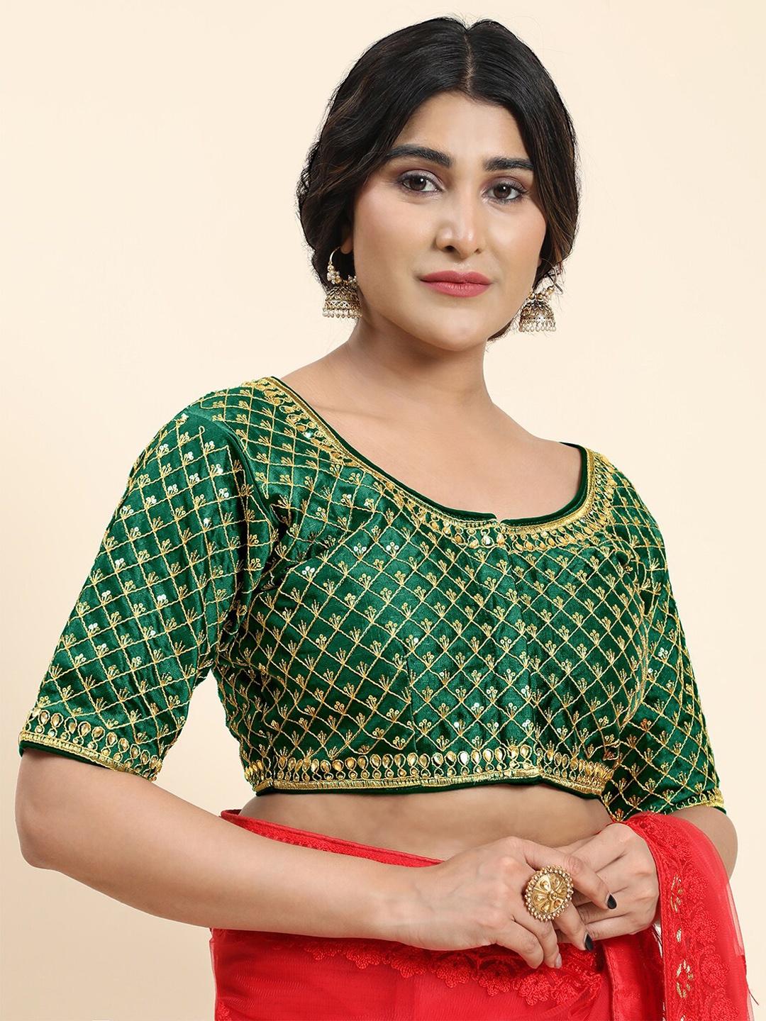 

Kasak Embroidered Silk Saree Blouse, Green